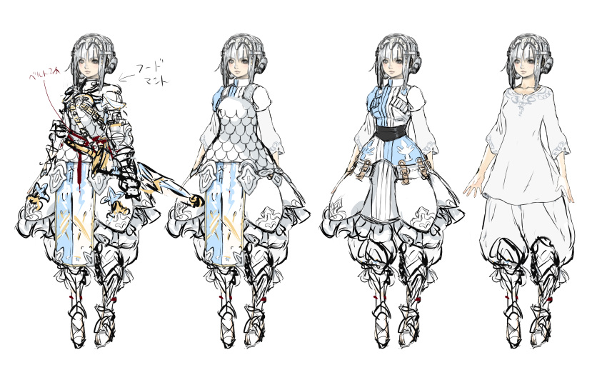 1girl, absurdres, armor, blue_shirt, breasts, clenched_hand, double_bun, grey_eyes, grey_hair, hair_bun, highres, laeticia_aucerius, long_shirt, metal_boots, metal_gloves, official_art, open_hands, production_art, scale_armor, sheath, sheathed, shirt, sketch, small_breasts, star_ocean, star_ocean_the_divine_force, sword, two-tone_shirt, v-shaped_eyebrows, variations, weapon, white_background, white_shirt, yasuda_akira