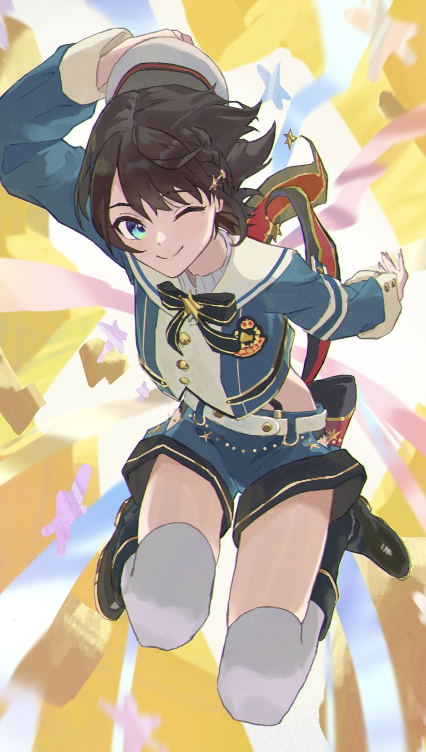1girl, absurdres, aqua_eyes, armband, bangs, black_bow, black_bowtie, black_footwear