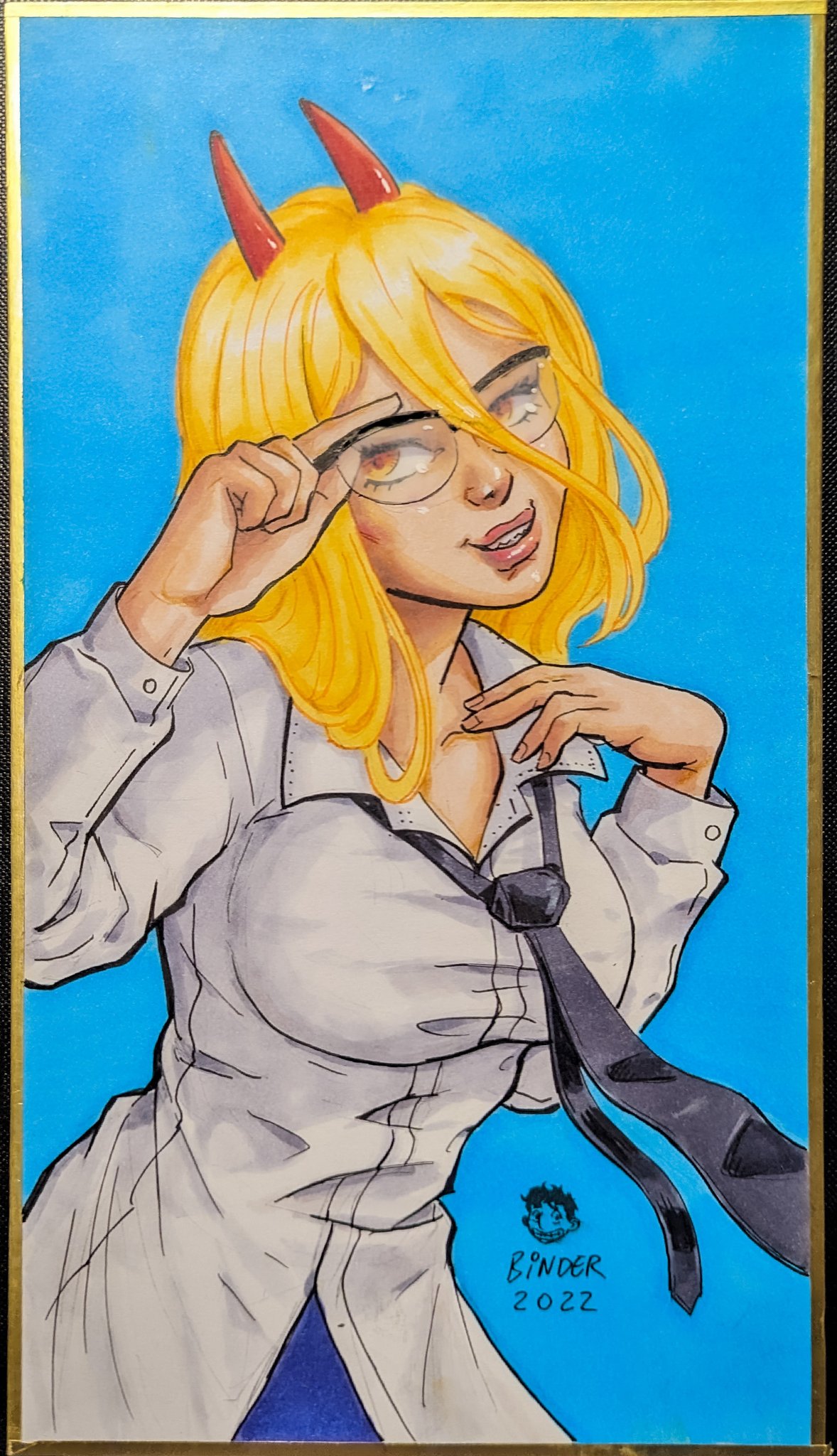 1girl, adjusting_eyewear, bernhard_binder, black_necktie, blonde_hair, breasts, chainsaw_man, hair_between_eyes