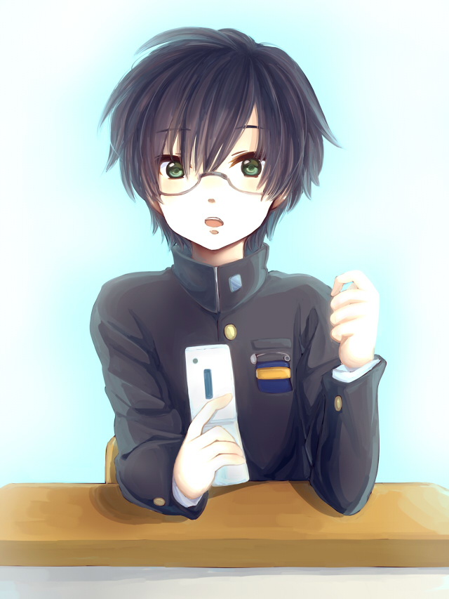 1boy, arm_rest, bangs, black_hair, blush, cellphone, corpse_party, elbow_rest