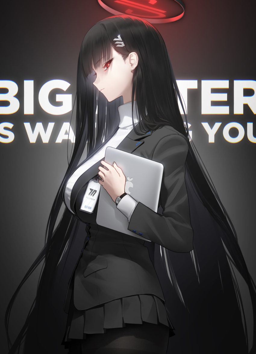 1girl, absurdres, arm_at_side, bangs, black_hair, black_jacket, black_suit, blue_archive, breasts, commentary_request, english_text, engrish_text, formal, from_side, gradient, gradient_background, hair_ornament, hairclip, halo, highres, holding, holding_tablet_pc, id_card, jacket, large_breasts, long_hair, miniskirt, pantyhose, pleated_skirt, ranguage, red_eyes, rio_(blue_archive), s2j00, skirt, solo, suit, tablet_pc, very_long_hair