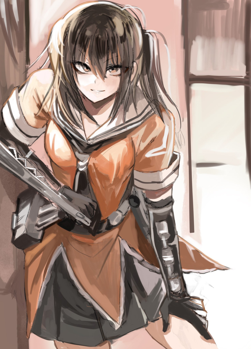 1girl, black_gloves, black_hair, black_skirt, brown_eyes, d_kake2, elbow_gloves, gloves, highres, indoors, kantai_collection, looking_at_viewer, miniskirt, open_mouth, orange_serafuku, sailor_collar, school_uniform, sendai_(kancolle), serafuku, short_sleeves, skirt, smile, solo, teeth, twintails, upper_body