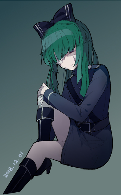 1girl, bandage_over_one_eye, bandaid, bandaid_on_face, belt, black_belt, black_bow, black_eyes, black_footwear, black_jacket, black_shorts, boots, bow, ciconia_no_naku_koro_ni, commentary_request, dated, green_background, green_hair, hair_bow, high_heel_boots, high_heels, hiragi_rin, jacket, koshka_(ciconia), long_hair, long_sleeves, military, military_uniform, shorts, simple_background, sitting, solo, uniform