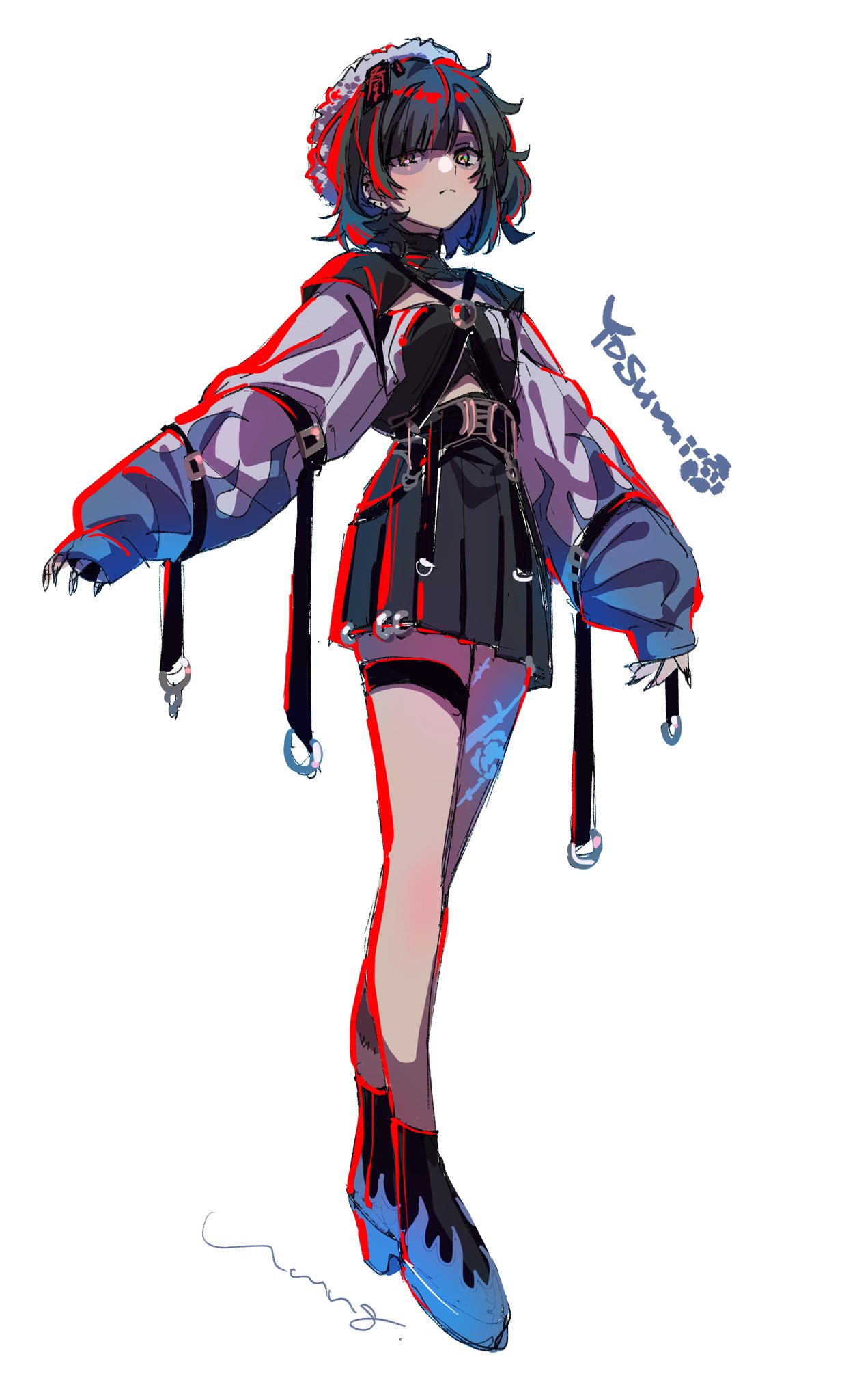 1girl, bags_under_eyes, bangs, black_skirt, closed_mouth, english_text, flower, full_body