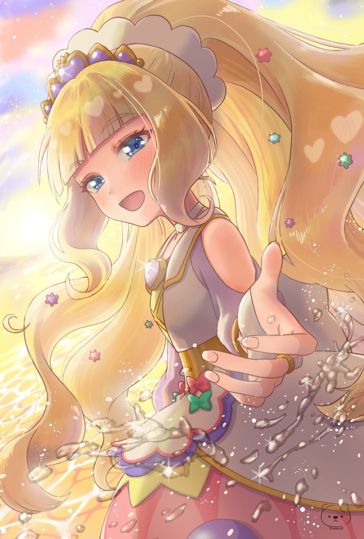 1girl, blonde_hair, blue_eyes, bridal_gauntlets, brooch, clouds, cloudy_sky, cure_finale