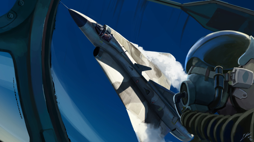 2boys, aerial_battle, aircraft, airplane, area_88, battle, cockpit, contrail