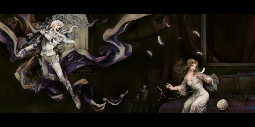 1boy, 1girl, armor, berserk, brown_hair, charlotte_(berserk), commentary, couch