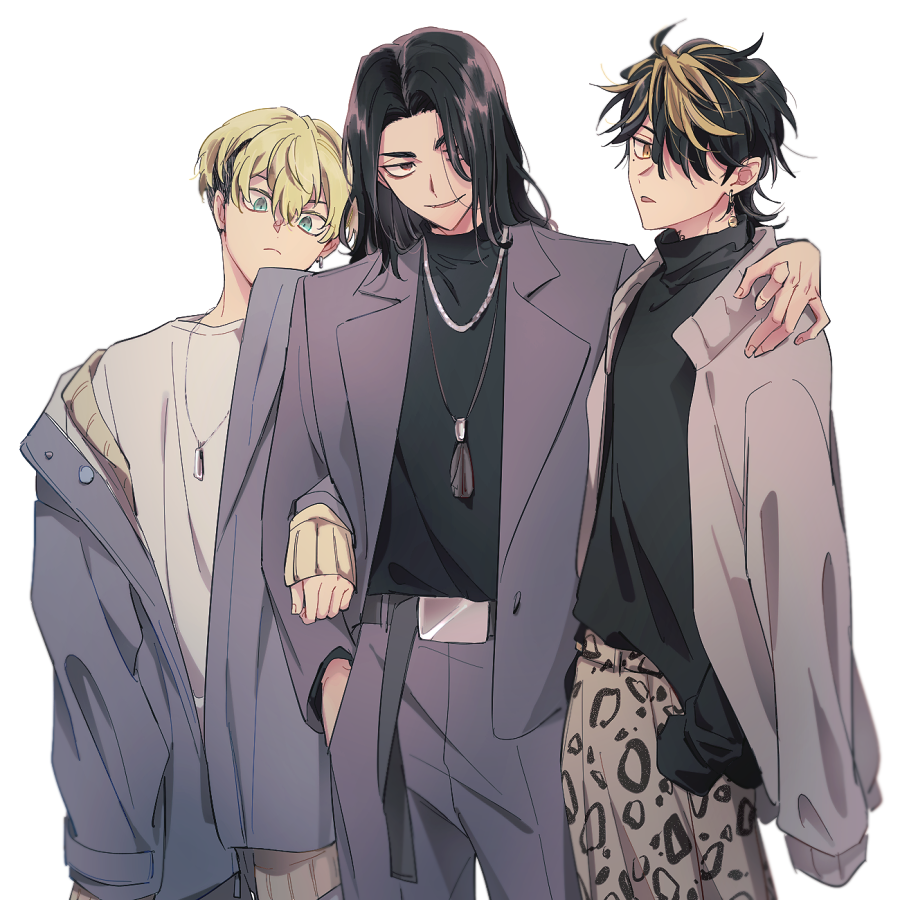 3boys, ag_(dkd_wnl), arm_around_shoulder, baji_keisuke, bangs, belt, black_belt, black_hair