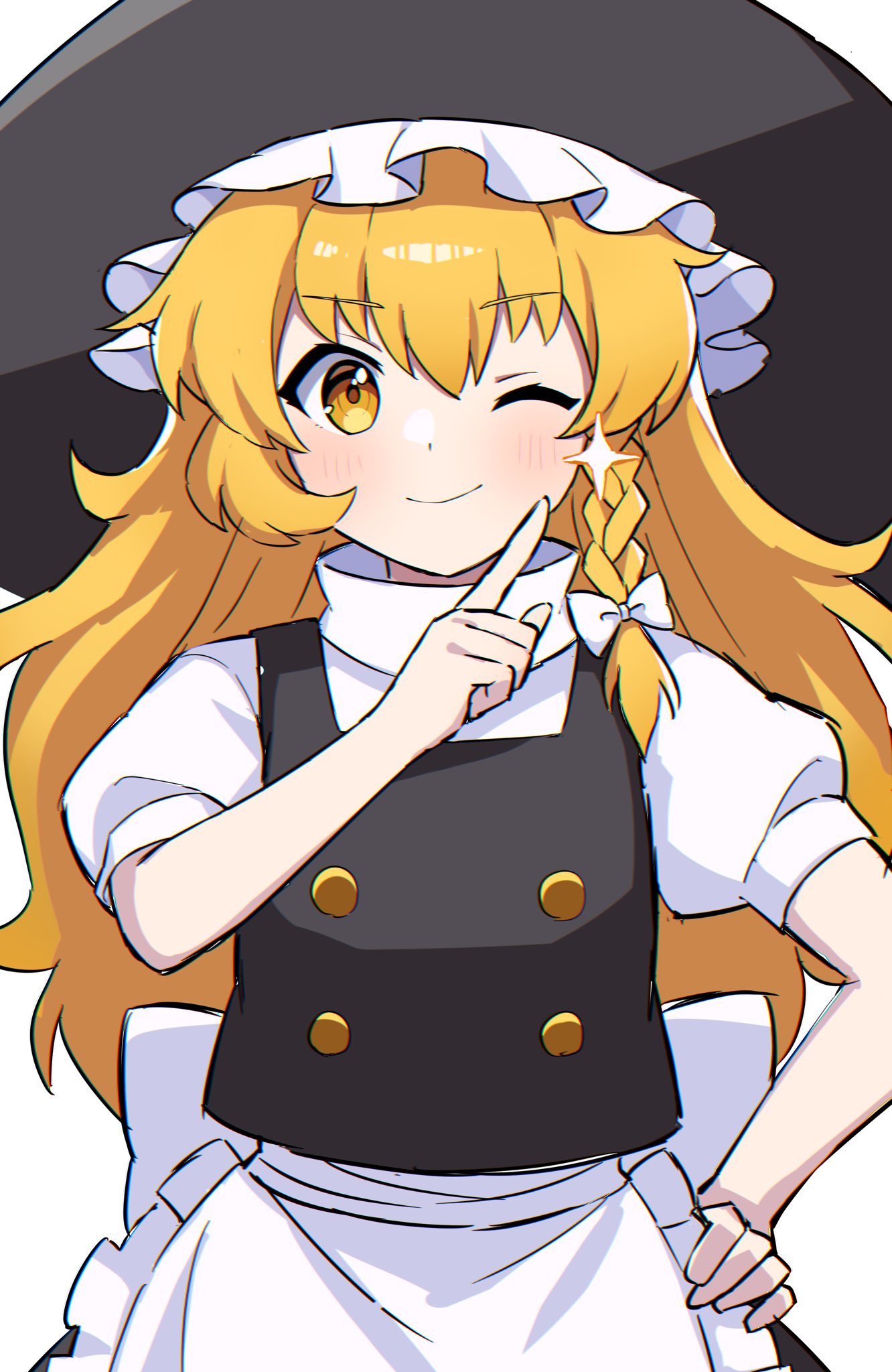 1girl, ;), apron, black_headwear, black_vest, blonde_hair, braid, closed_mouth, hand_on_hip, highres, kirisame_marisa, long_hair, looking_at_viewer, miz_(mizillustration), one_eye_closed, short_sleeves, side_braid, simple_background, single_braid, smile, solo, touhou, upper_body, vest, waist_apron, white_apron, white_background, yellow_eyes