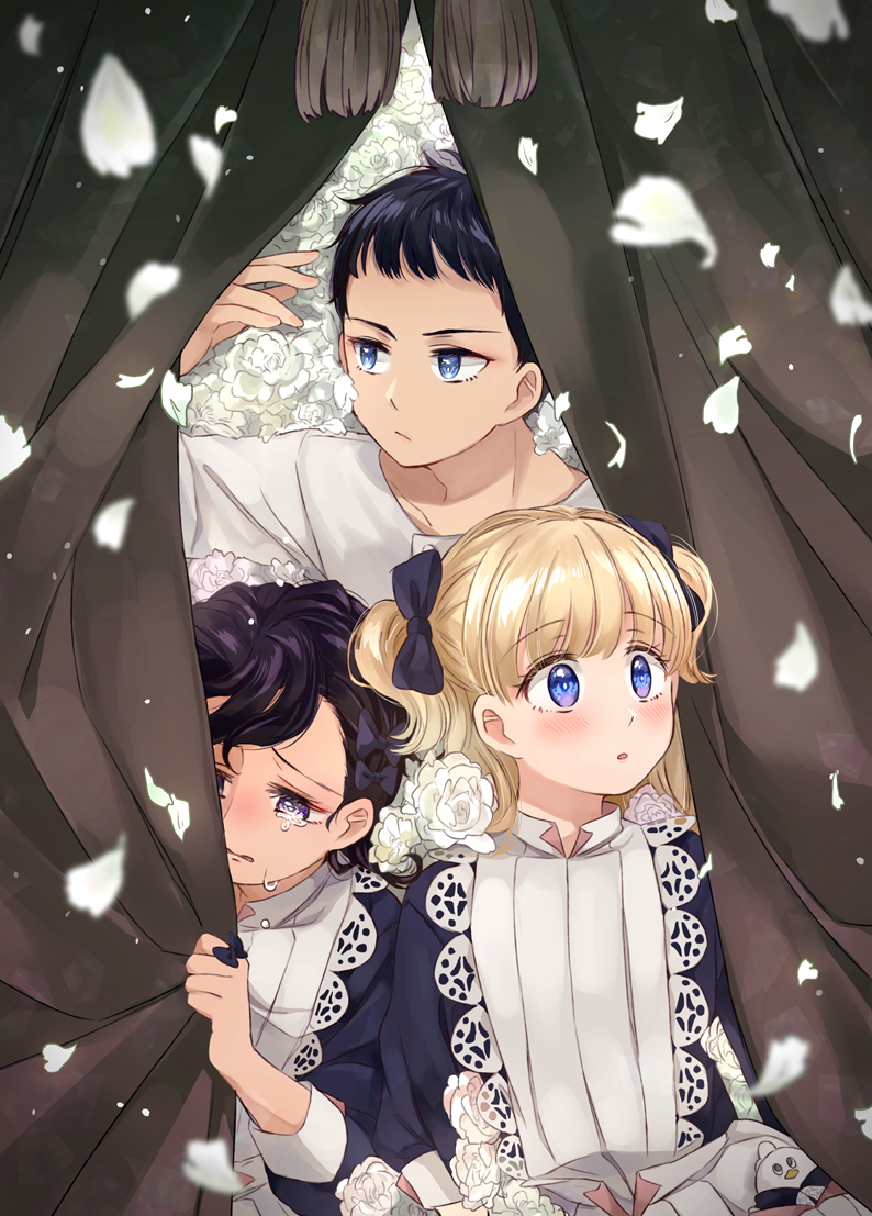 1boy, 2girls, apron, bangs, black_hair, blonde_hair, blue_bow, blue_dress