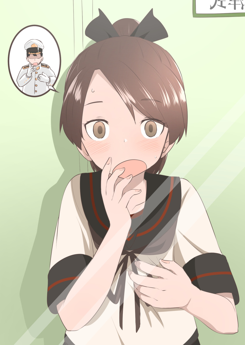 1girl, admiral_(kancolle), black_sailor_collar, body_switch, brown_eyes, brown_hair, brown_neckerchief, commentary_request