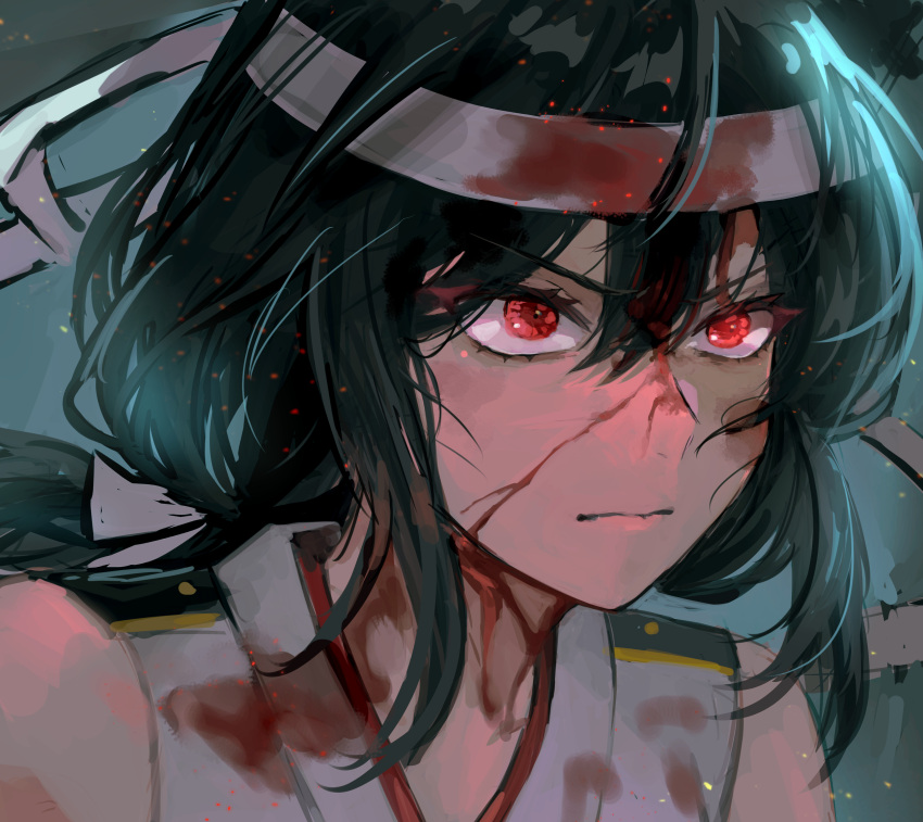 1girl, black_hair, blood, blood_on_face, closed_mouth, epaulettes, hagioshi, hair_ribbon