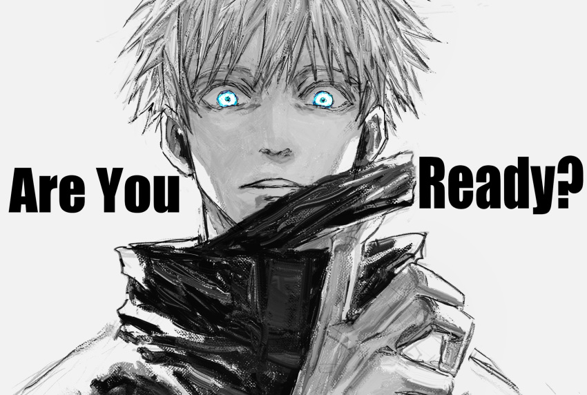 1boy, bangs, blindfold, blindfold_down, blue_eyes, english_text, gojou_satoru, hand_up