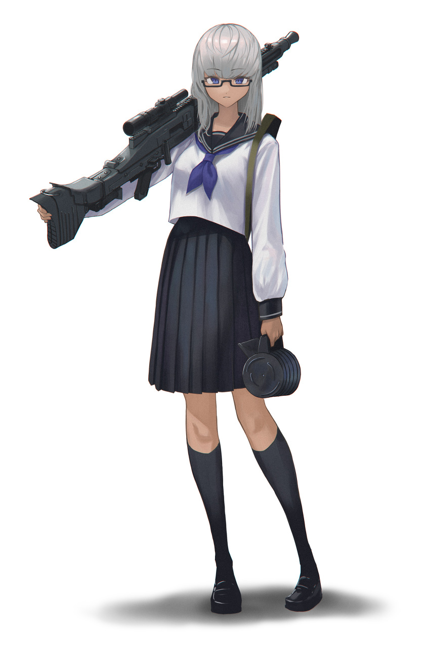 1girl, absurdres, bangs, black_footwear, black_skirt, black_socks, blue_eyes, closed_mouth