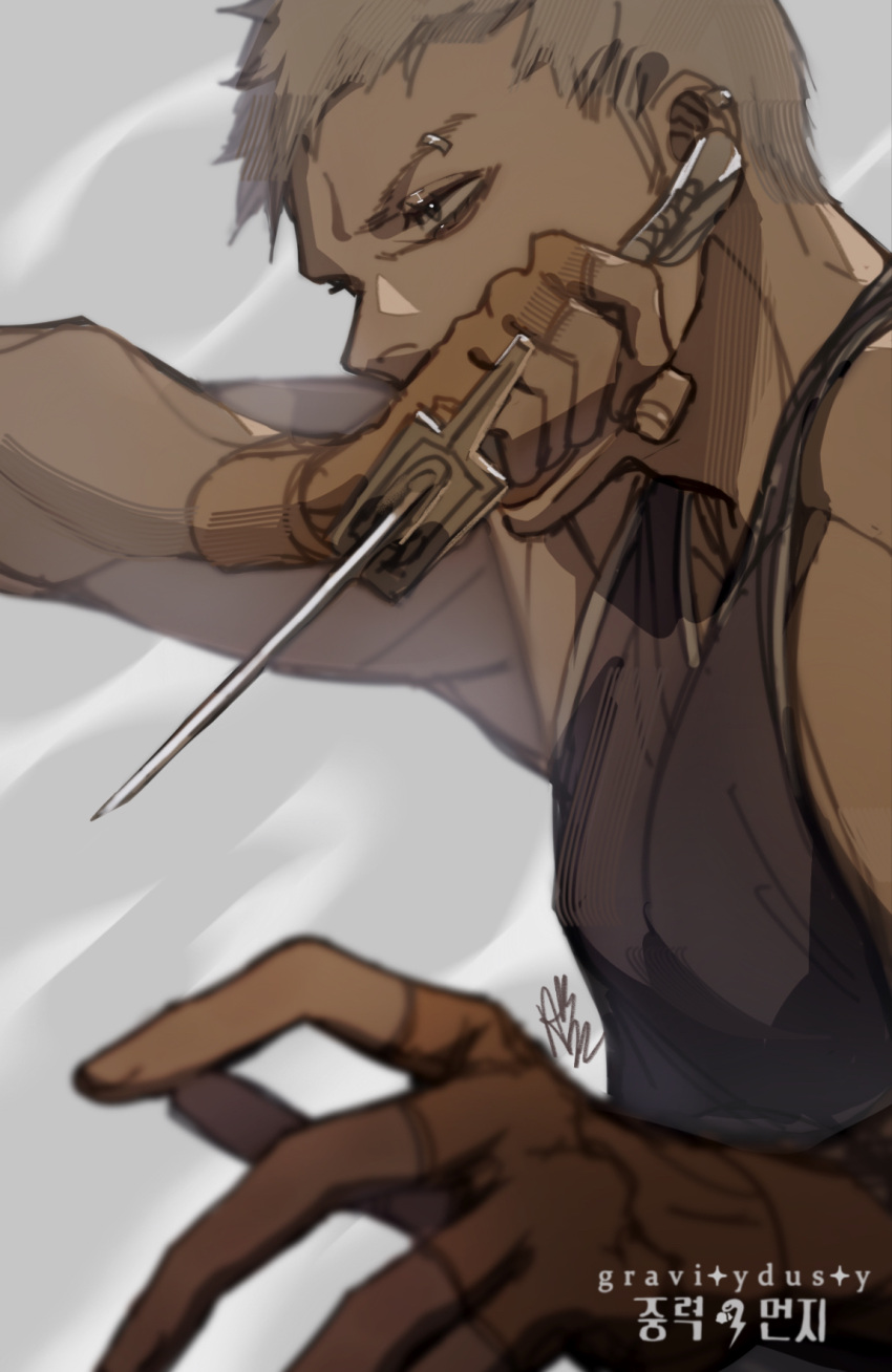 1boy, arm_up, artist_name, black_eyes, black_tank_top, bleach, brown_gloves, dagger