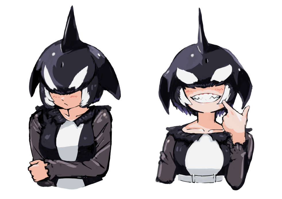 1girl, arm_at_side, bangs, black_hair, blowhole, blush, closed_mouth, collarbone, collared_dress, covered_eyes, cropped_torso, dorsal_fin, dress, facing_viewer, fingernails, grin, hair_over_eyes, hand_on_own_arm, hand_up, hatch_(hatch_box), head_fins, kemono_friends, long_bangs, long_sleeves, medium_hair, multicolored_hair, multiple_views, orca_(kemono_friends), pointing, pointing_at_self, purple_hair, sharp_teeth, shy, simple_background, smile, teeth, upper_body, white_background, white_hair