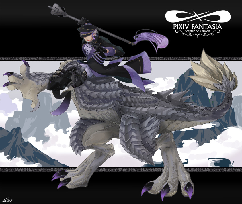 1boy, arm_up, black_background, black_gloves, black_headwear, black_jacket, centauroid, claws