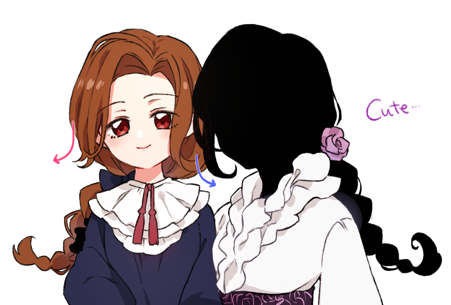 2girls, black_hair, black_skin, blue_dress, blush, bow, braid, braided_ponytail, brown_hair, closed_mouth, colored_skin, dress, english_text, flower, hair_bow, hair_flower, hair_ornament, hair_ribbon, hanasaki_nm, long_hair, long_sleeves, maryrose_(shadows_house), multiple_girls, red_eyes, ribbon, rose, rosemary_(shadows_house), shadow_(shadows_house), shadows_house, single_braid, smile, upper_body
