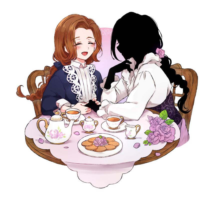 2girls, apron, black_hair, black_skin, blue_dress, blush, bow, braid