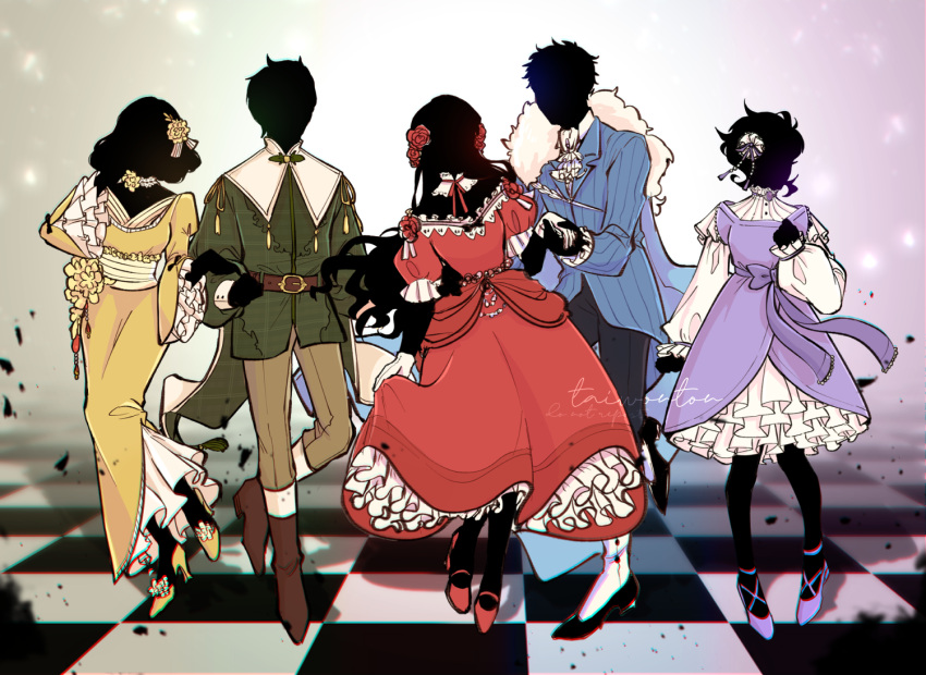 2boys, 3girls, adapted_costume, belt, black_hair, black_skin, blue_jacket, boots
