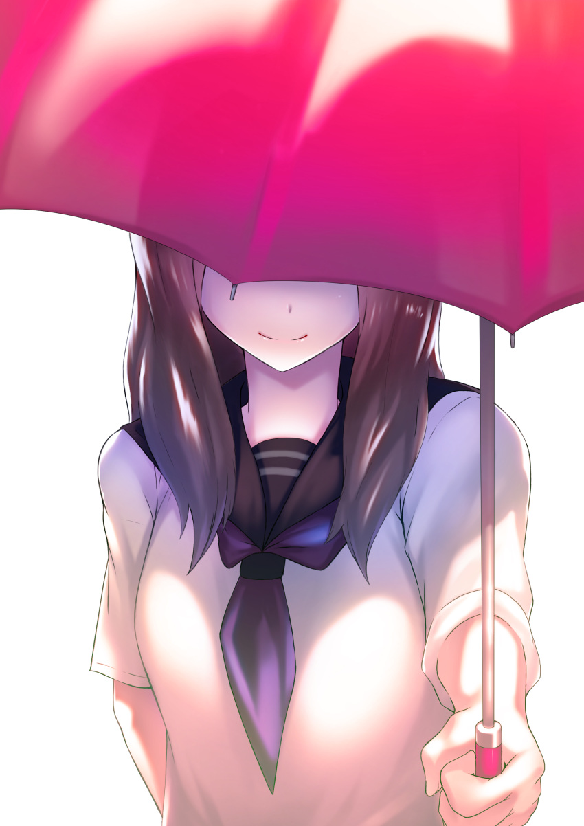 1girl, absurdres, arm_behind_back, breasts, brown_hair, covered_eyes, fukidashi_cotton, highres, holding, holding_umbrella, medium_breasts, original, school_uniform, serafuku, solo, umbrella, upper_body
