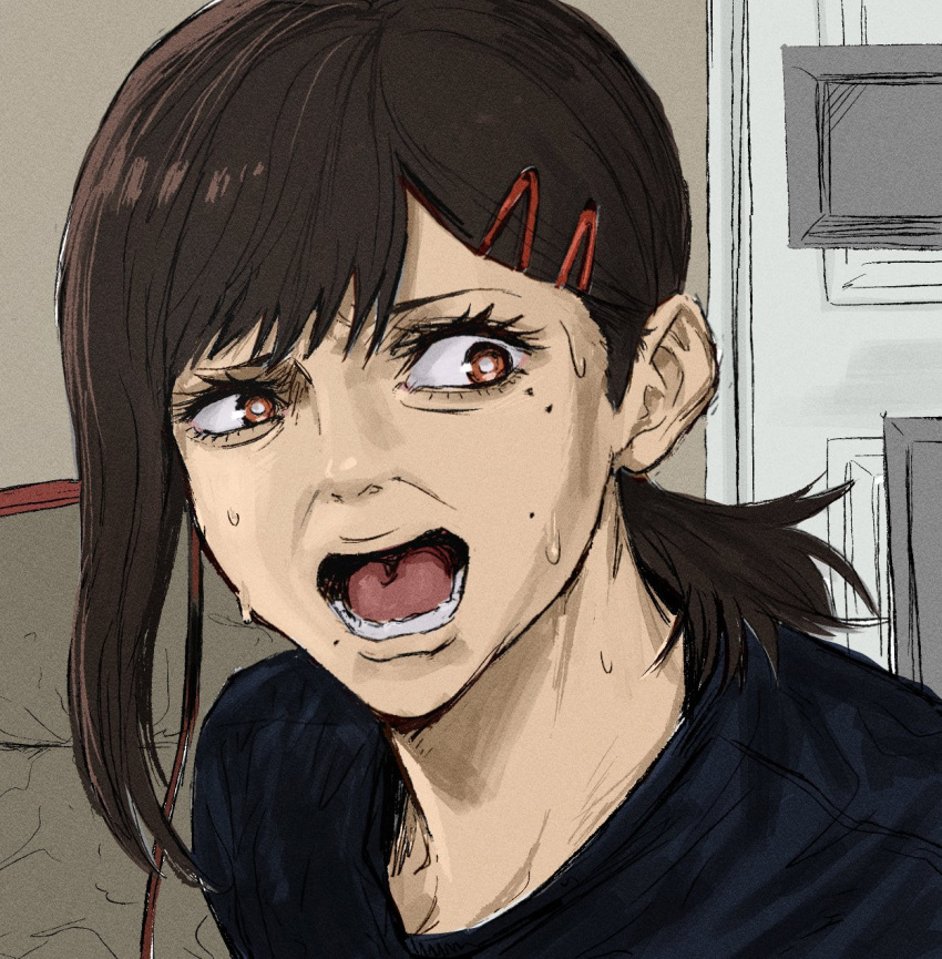 1girl, asymmetrical_hair, bangs, black_shirt, brown_eyes, brown_hair, chainsaw_man, commentary, door, english_commentary, hair_ornament, hairclip, higashiyama_kobeni, highres, indoors, jerma985, mole, mole_under_eye, mole_under_mouth, multiple_moles, nairdags, open_mouth, photo-referenced, portrait, shirt, short_hair, short_ponytail, shouting, single_sidelock, solo, sweat, sweating_profusely, uneven_eyes
