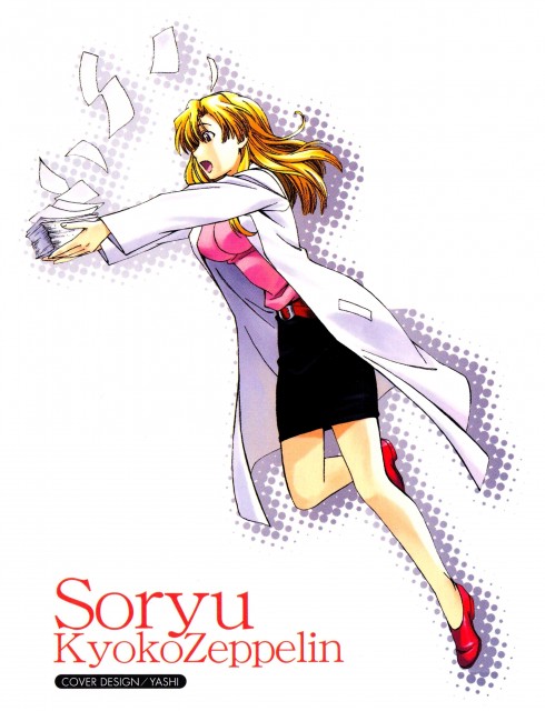 1girl, blonde_hair, breasts, character_name, falling, ikari_shinji_raising_project, labcoat, long_hair, neon_genesis_evangelion, pink_shirt, red_footwear, shirt, simple_background, skirt, solo, souryuu_kyouko_zeppelin, white_background