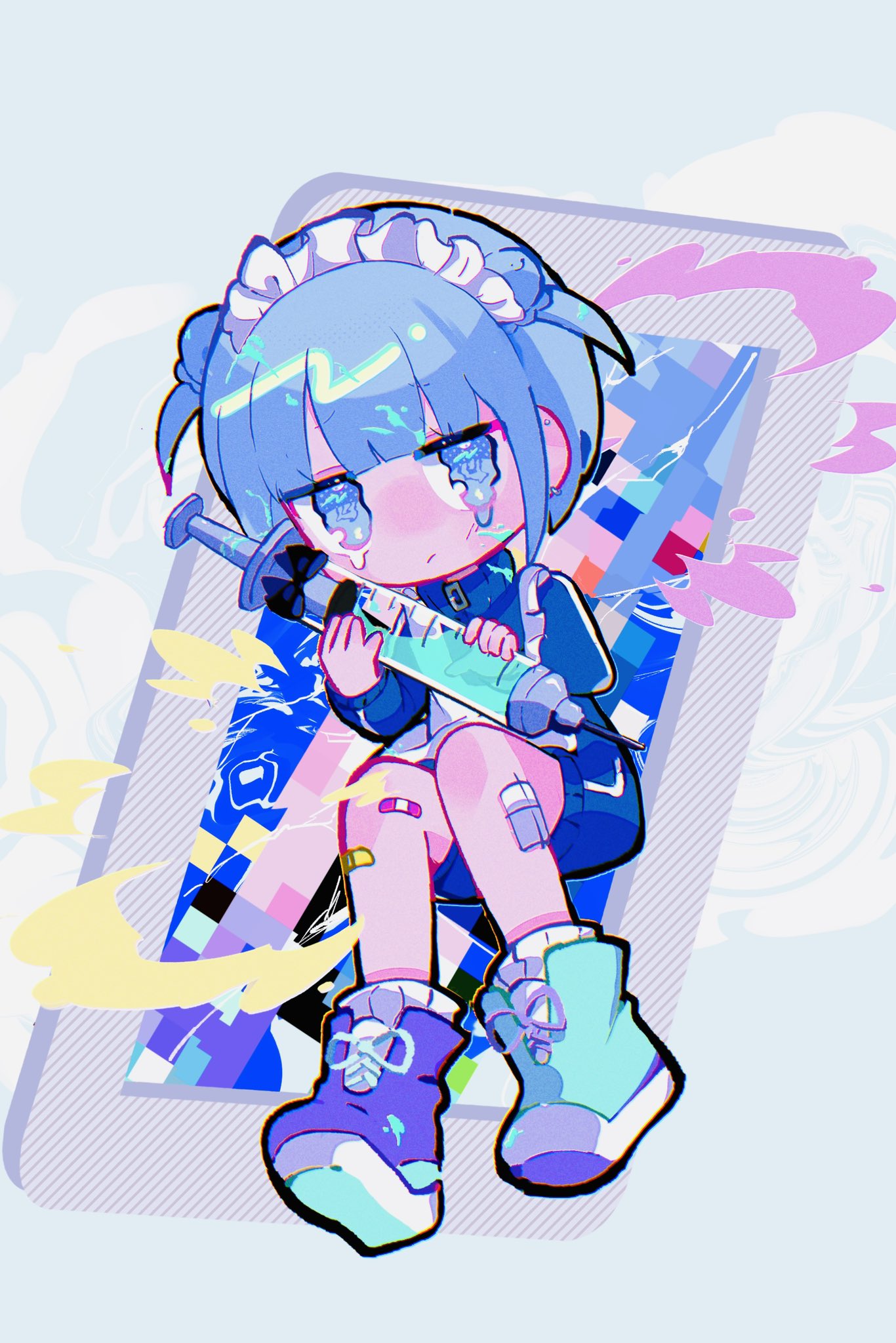 1girl, apron, bandaid, bangs, blue_eyes, blue_hair, blunt_bangs, bob_cut, closed_mouth, highres, holding, holding_syringe, iroha_amamizu, jacket, large_syringe, maid_headdress, original, oversized_object, shoes, short_hair, sneakers, solo, syringe, tears, track_jacket, two_side_up, white_apron, wotoha