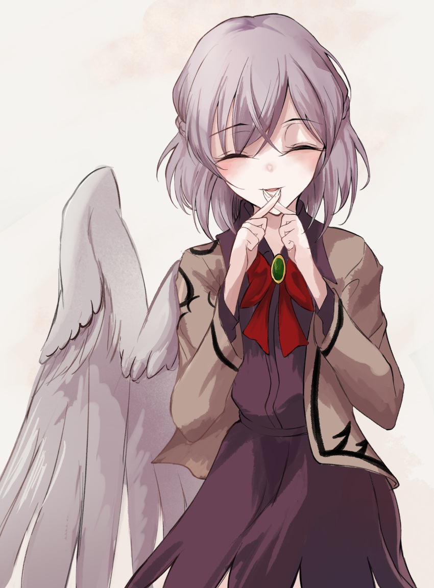 1girl, absurdres, bird_wings, bow, bowtie, braid, brooch, brown_jacket