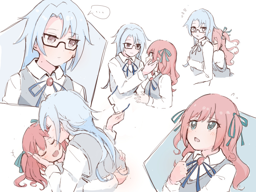 +++, ..., 2girls, :d, aqua_eyes, aqua_ribbon, bangs, black-framed_eyewear