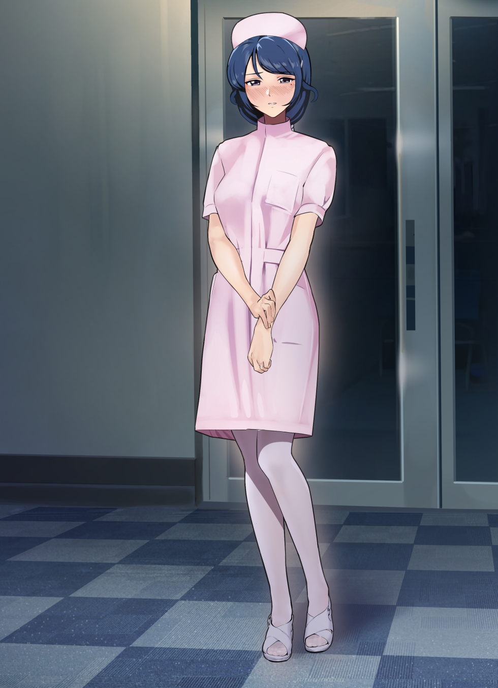 1girl, :o, bangs, blue_hair, blush, door, dress, hair_ornament
