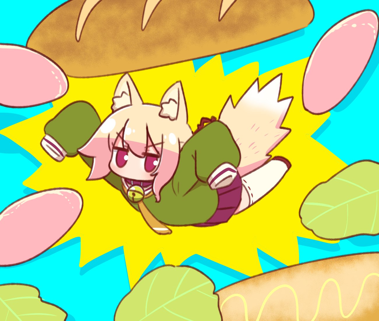 1girl, animal_ear_fluff, animal_ears, aqua_background, arms_up, bell, bursting, chibi