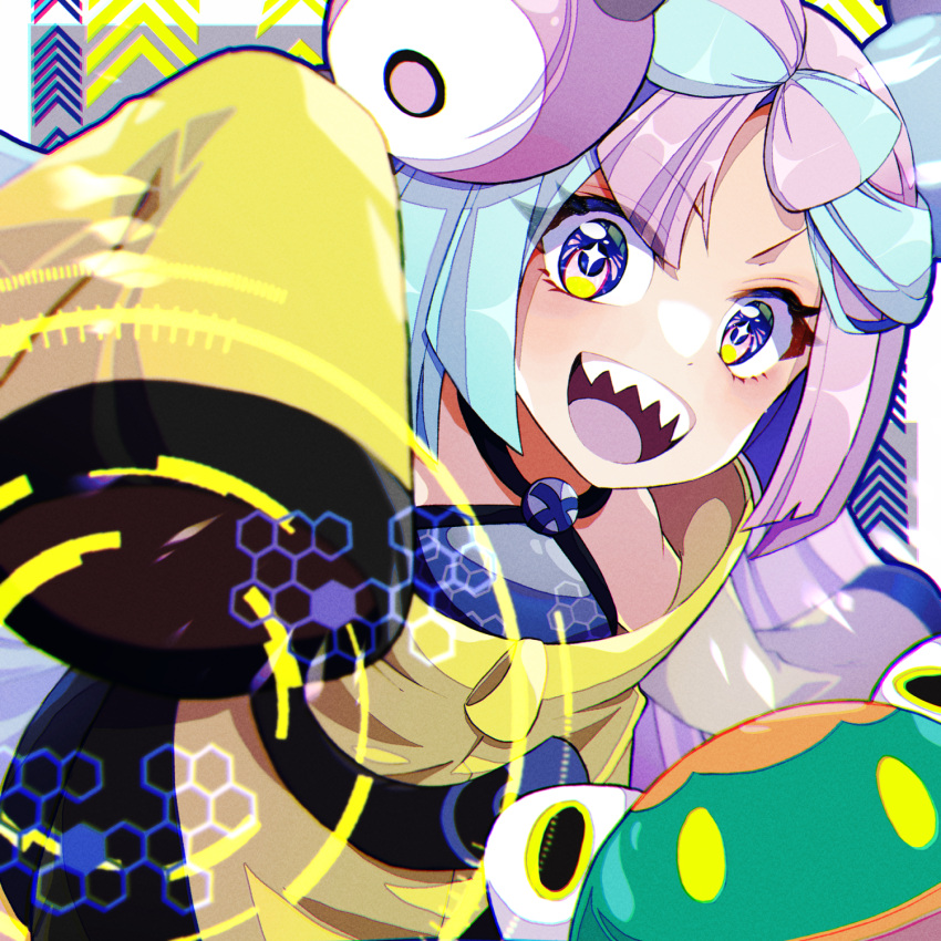 bellibolt, bow-shaped_hair, character_hair_ornament, hair_ornament, hexagon_print, highres, iono_(pokemon), jacket