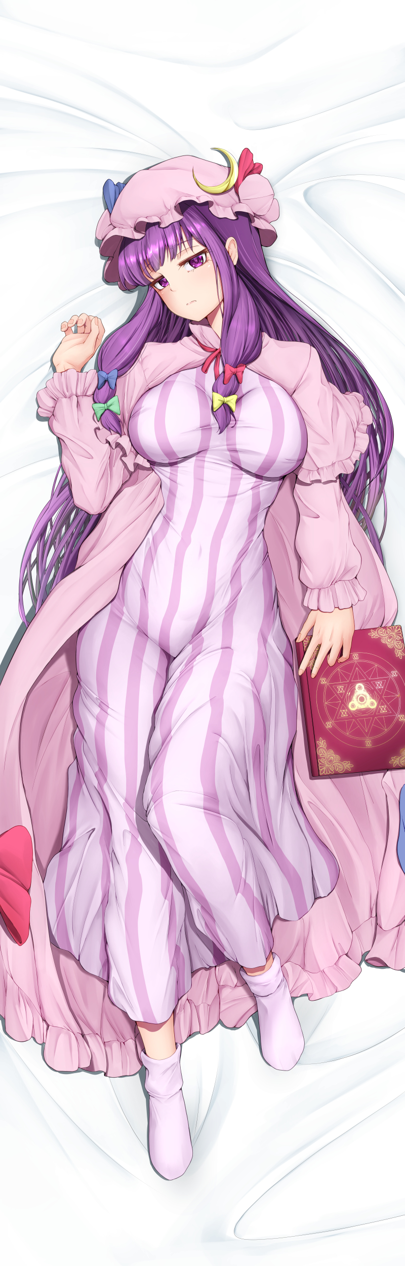 1girl, absurdres, book, breasts, crescent, crescent_hat_ornament, dakimakura_(medium), dress, hat, hat_ornament, highres, impossible_clothes, large_breasts, long_hair, lying, mob_cap, no_shoes, ocza, on_back, patchouli_knowledge, pink_socks, purple_hair, socks, solo, striped, striped_dress, touhou, violet_eyes