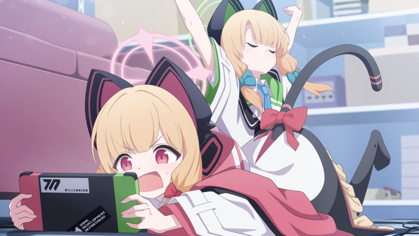 2girls, aqua_bow, arms_up, black_footwear, blonde_hair, blue_archive, blue_necktie, bow