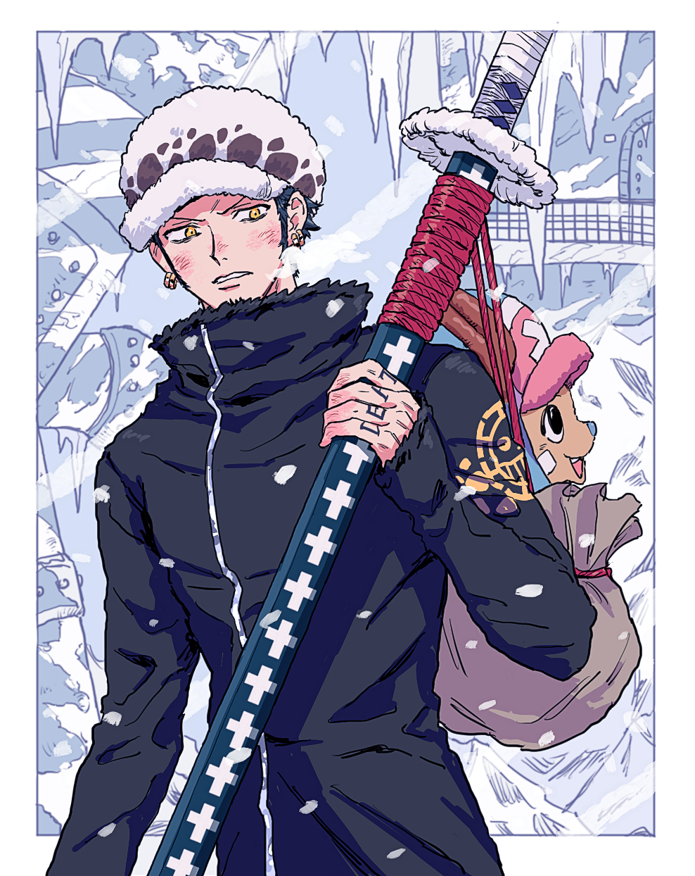 animal, antlers, antlers_through_headwear, bag, black_coat, black_eyes, breath, coat