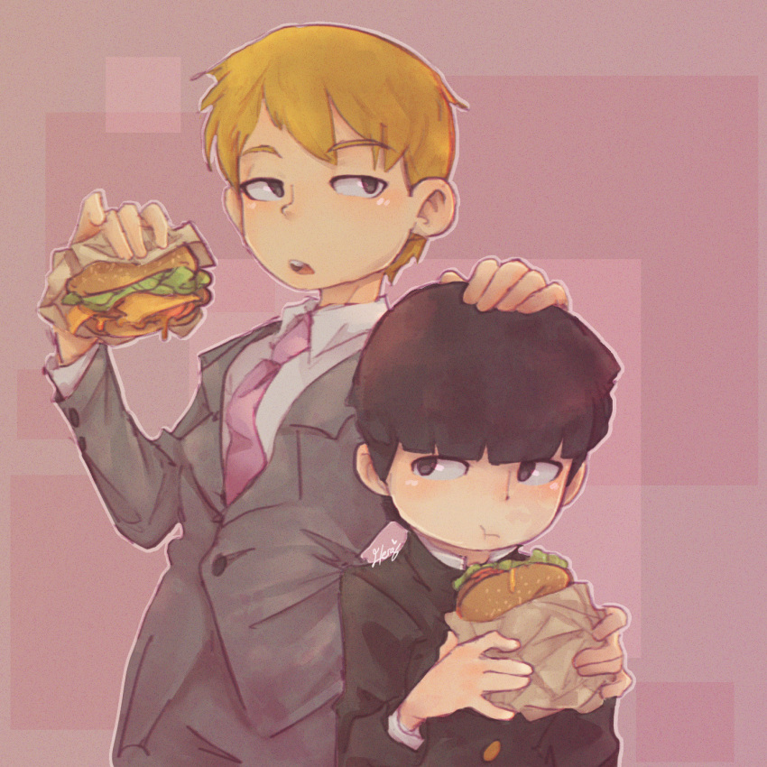2boys, black_hair, burger, buttons, eating, food, formal, hand_on_another's_head