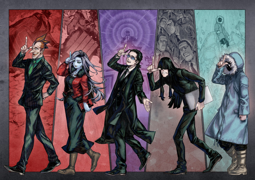 1girl, 4boys, aqua_eyes, arm_at_side, arm_behind_back, baggy_pants, black_coat, black_dress, black_eyes, black_footwear, black_hair, black_jacket, black_necktie, black_pants, black_sclera, blue-tinted_eyewear, blue_coat, blue_eyes, blue_skin, boku_no_hero_academia, book, brown_footwear, brown_hair, clone, coat, collared_shirt, colored_sclera, colored_skin, cross-laced_footwear, cryokinesis, curious_(boku_no_hero_academia), dress, dress_shoes, earrings, emphasis_lines, eyes_in_shadow, facial_hair, facing_viewer, film_grain, finger_to_face, floating_hair, formal, from_side, frown, fur-trimmed_hood, fur-trimmed_jacket, fur_trim, gb0071fg, geten_(boku_no_hero_academia), giant, giant_male, glasses, green_necktie, green_shirt, hair_strand, hand_up, highres, holding, holding_book, holding_laptop, hood, hooded_coat, hunched_over, ice, jacket, jewelry, leaning_forward, long_hair, long_nose, long_sleeves, looking_at_viewer, monochrome_background, multiple_boys, multiple_monochrome, mustache, necktie, on_vehicle, open_hand, outside_border, paneled_background, pants, parka, parted_hair, pinstripe_pants, pinstripe_pattern, pinstripe_suit, re-destro, red_jacket, semi-rimless_eyewear, shirt, short_hair, sidelocks, skeptic_(boku_no_hero_academia), smile, sound_wave, spoilers, striped, stubble, suit, teeth, thick_lips, tinted_eyewear, triangle_earrings, upper_teeth, walking, white_shirt, widow's_peak, winter_clothes, winter_coat, zipper