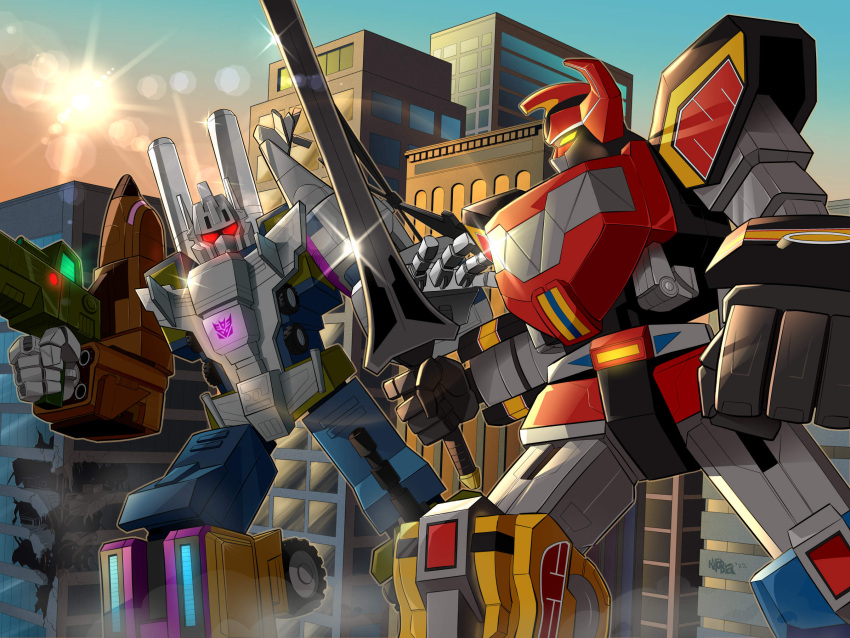 2boys, alien, armor, battle, bruticus, cannon, combaticon, crossover, daijuujin, decepticon, fighting, glowing, glowing_eyes, gun, highres, holding, holding_gun, holding_sword, holding_weapon, horns, khobra1981, kyouryuu_sentai_zyuranger, mecha, megazord, mighty_morphin_power_rangers, multiple_boys, no_humans, power_rangers, red_eyes, retro_artstyle, robot, science_fiction, super_robot, super_sentai, sword, tokusatsu, transformers, weapon, yellow_eyes