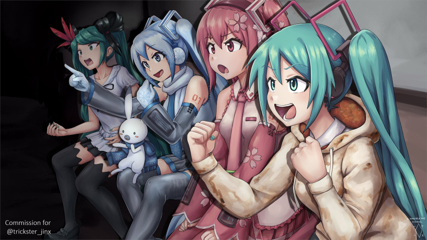 4girls, :o, animal, aqua_eyes, aqua_hair, aqua_nails, bare_shoulders, black_ribbon