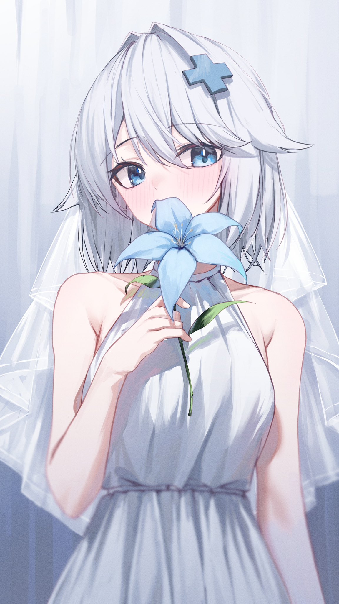 1girl, arm_at_side, armpit_crease, bangs, bare_arms, bare_shoulders, blue_eyes, blue_flower, blurry, blush, breasts, bridal_veil, commentary_request, covered_mouth, covering_mouth, cross_hair_ornament, curtains, depth_of_field, dress, flower, gnns, grey_background, hair_between_eyes, hair_flaps, hair_intakes, hair_ornament, hand_up, highres, holding, holding_flower, korean_commentary, leaf, lily_(flower), looking_at_viewer, medium_breasts, original, short_hair, sidelocks, sleeveless, sleeveless_dress, smelling_flower, solo, standing, turtleneck, upper_body, veil, white_dress, white_hair, white_headwear, white_veil