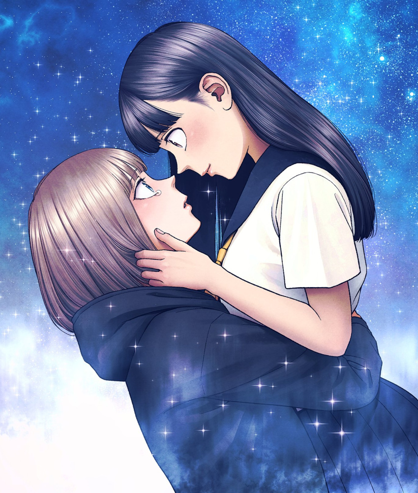 2girls, aria_(vampeerz), black_hair, blonde_hair, cover, cover_page, eye_contact, hand_in_own_hair, hand_on_another's_cheek, hand_on_another's_face, higashiyama_shou, highres, hug, ichika_(vampeerz), light_smile, looking_at_another, medium_hair, multiple_girls, official_art, school_uniform, short_hair, sky, star_(sky), starry_sky, tears, vampeerz, yuri