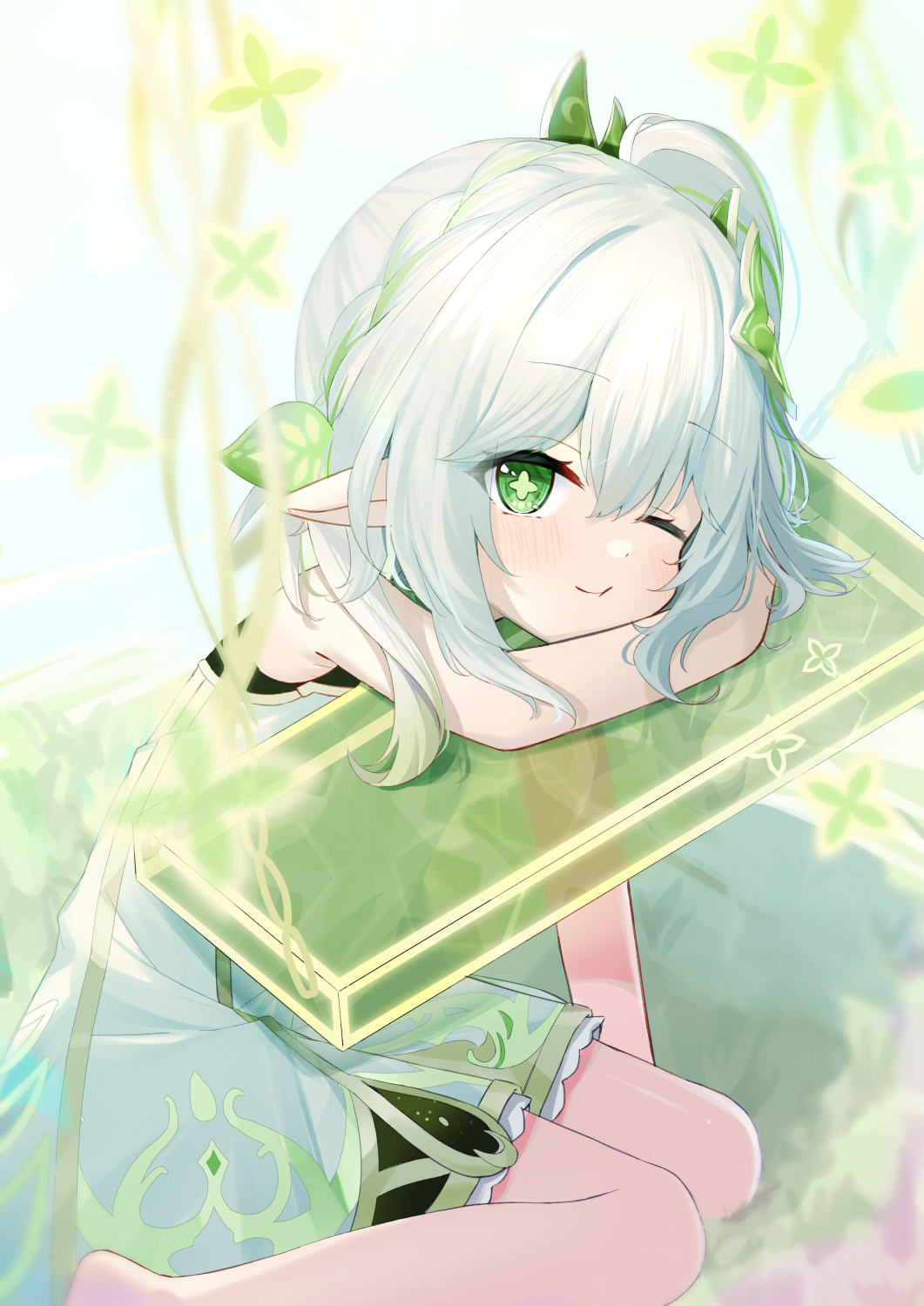 1girl, ;), ;d, bangs, blurry, braid, commentary_request, depth_of_field, dress, genshin_impact, gradient_hair, green_eyes, hair_between_eyes, hair_ornament, head_rest, highres, long_hair, looking_at_viewer, mogumogumo_0, multicolored_hair, nahida_(genshin_impact), one_eye_closed, pointy_ears, side_ponytail, sidelocks, single_braid, sitting, sleeveless, smile, solo, swing, symbol-shaped_pupils, wariza, white_dress, white_hair