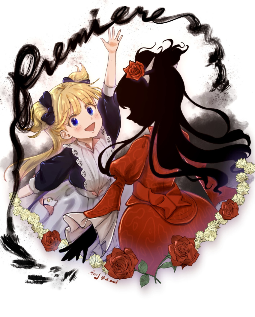 2girls, apron, asksj, bangs, black_bow, black_dress, black_hair, black_skin, blonde_hair, blue_eyes, blunt_bangs, blush, bow, colored_skin, dress, emilico_(shadows_house), flower, hair_bow, hair_flower, hair_ornament, highres, kate_(shadows_house), long_hair, long_sleeves, multiple_girls, open_mouth, puffy_sleeves, red_dress, red_flower, red_rose, rose, shadow_(shadows_house), shadows_house, smile, two_side_up, white_apron