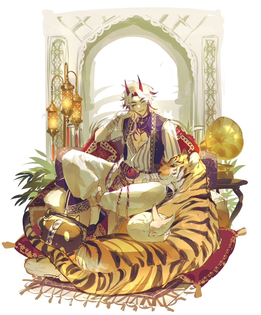 1boy, ^_^, absurdres, apple, arataki_itto, bandaged_arm, bandages, bangs