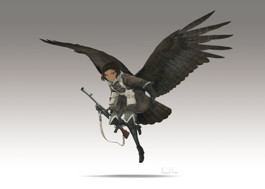 1girl, asterisk_kome, bird_tail, bird_wings, black_hair, black_wings, bren_lmg, brown_eyes, dark-skinned_female, dark_skin, flying, gloves, grey_background, gun, highres, holding, holding_gun, holding_weapon, light_machine_gun, low_wings, marut_(winged_fusiliers), military, rifle, short_hair, signature, simple_background, tail, weapon, winged_fusiliers, wings