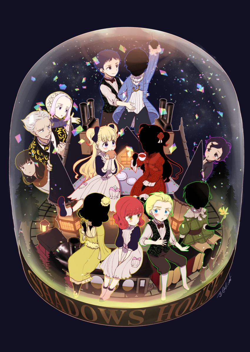 6+boys, 6+girls, apron, asksj, bangs, black_bow, black_hair, black_skin, blonde_hair, blue_eyes, blue_jacket, blush, bow, colored_skin, cup, dress, edward_(shadows_house), eileen_(shadows_house), emilico_(shadows_house), flower, full_body, gerald_(shadows_house), glass, hair_bow, hair_flower, hair_ornament, highres, holding, jacket, john_(shadows_house), kate_(shadows_house), long_hair, long_sleeves, lou_(shadows_house), louise_(shadows_house), multiple_boys, multiple_girls, open_mouth, patrick_(shadows_house), puffy_sleeves, ram_(shadows_house), red_dress, red_flower, red_rose, redhead, ribbon, ricky_(shadows_house), rose, shadow_(shadows_house), shadows_house, shaun_(shadows_house), shirley_(shadows_house), shirt, short_hair, sitting, smile, snow_globe, standing, teacup, two_side_up, white_shirt, yellow_dress, yellow_eyes