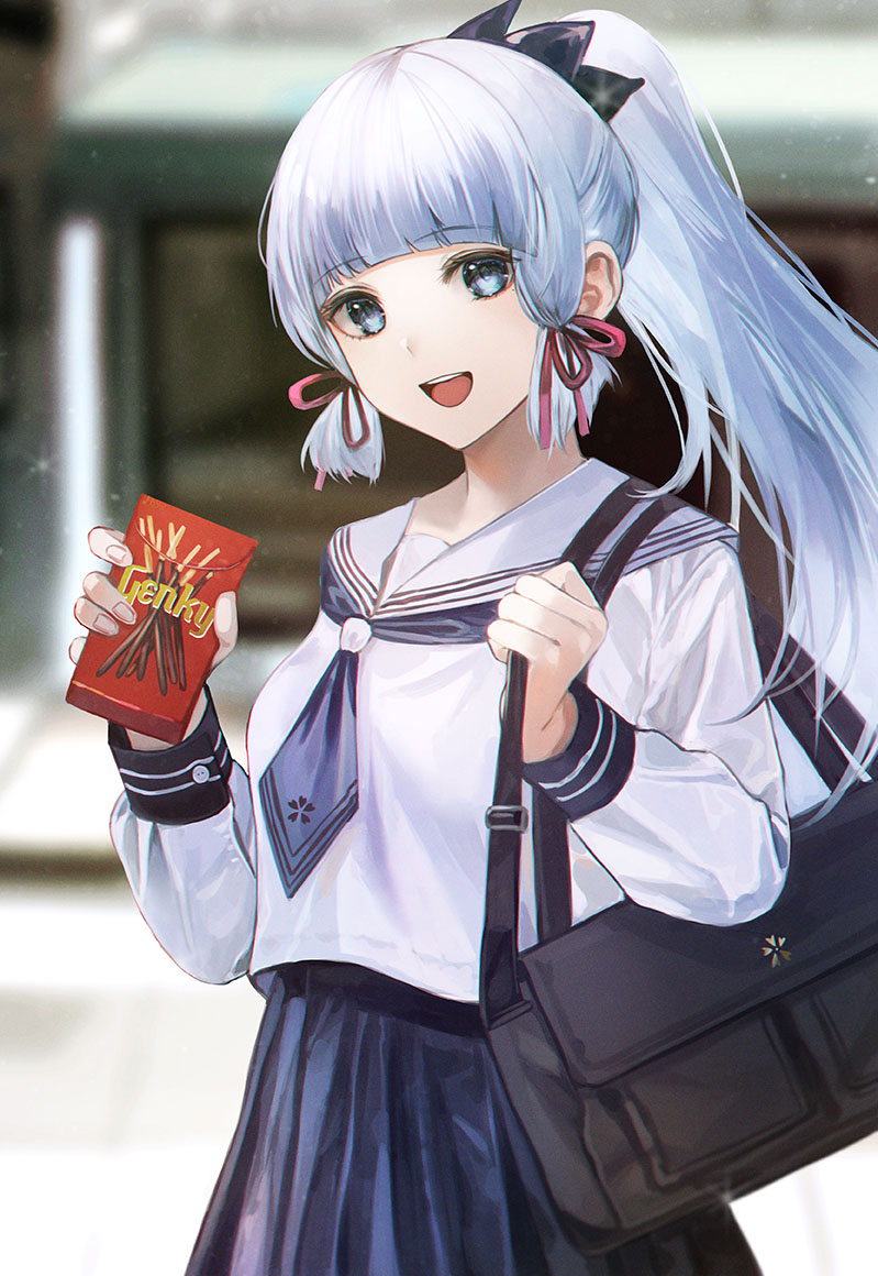 1girl, :d, akaihosy, bag, bangs, black_bag, blue_eyes, blue_necktie, blue_skirt, blunt_bangs, blurry, blurry_background, box, breasts, food, genshin_impact, hair_ribbon, hands_up, high_ponytail, holding, holding_box, kamisato_ayaka, kamisato_ayaka_(heytea), long_hair, long_sleeves, looking_at_viewer, medium_breasts, necktie, official_alternate_costume, open_mouth, pleated_skirt, pocky, red_ribbon, ribbon, sailor_collar, school_bag, school_uniform, serafuku, shirt, shoulder_bag, skirt, smile, solo, teeth, tress_ribbon, upper_teeth, white_hair, white_sailor_collar, white_shirt