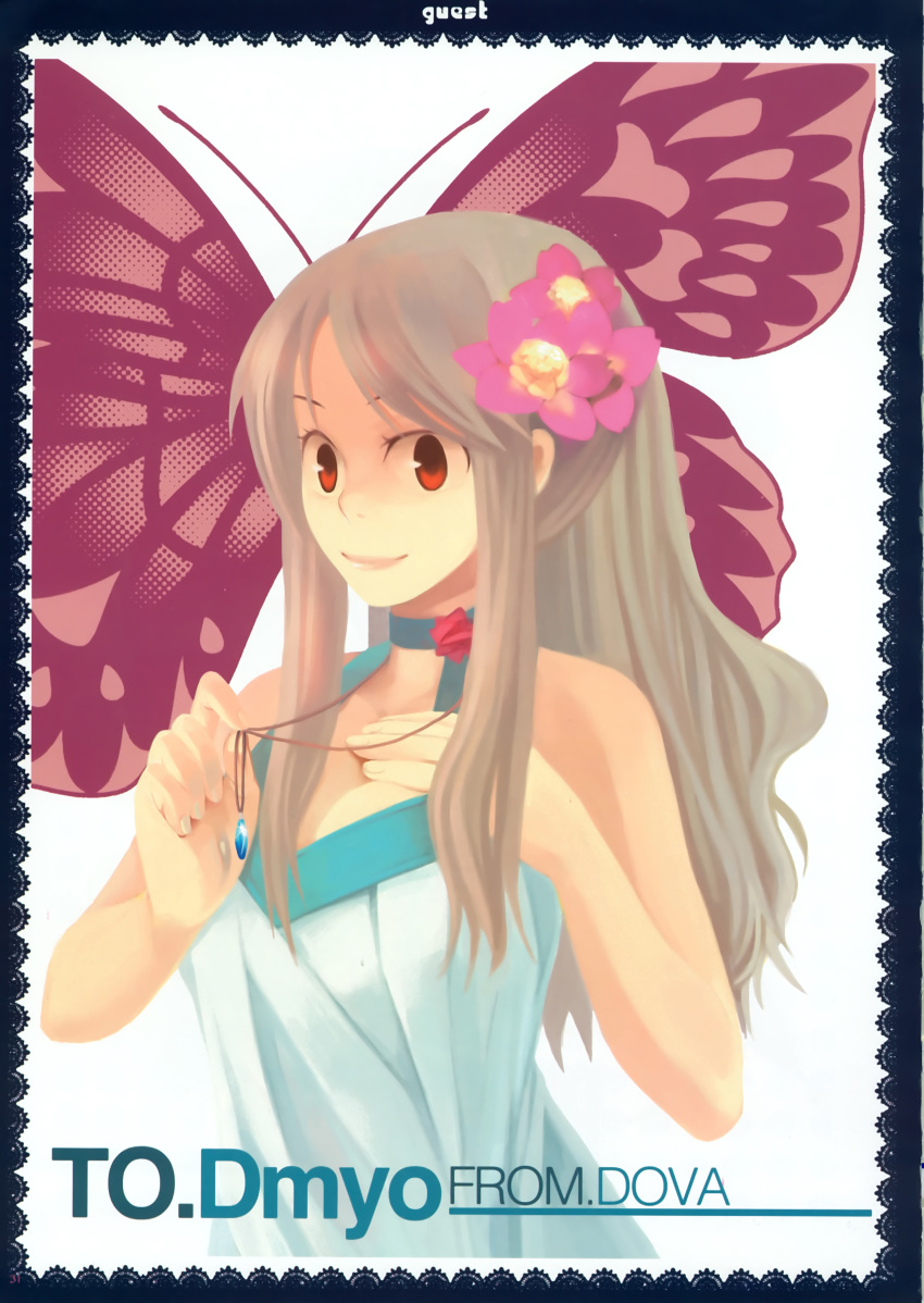 blonde_hair, butterfly, dova, flower, long_hair, necklace, orange_eyes, smile