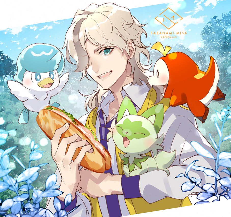 1boy, animal, aqua_eyes, artist_name, arven_(pokemon), bangs, bird, blonde_hair